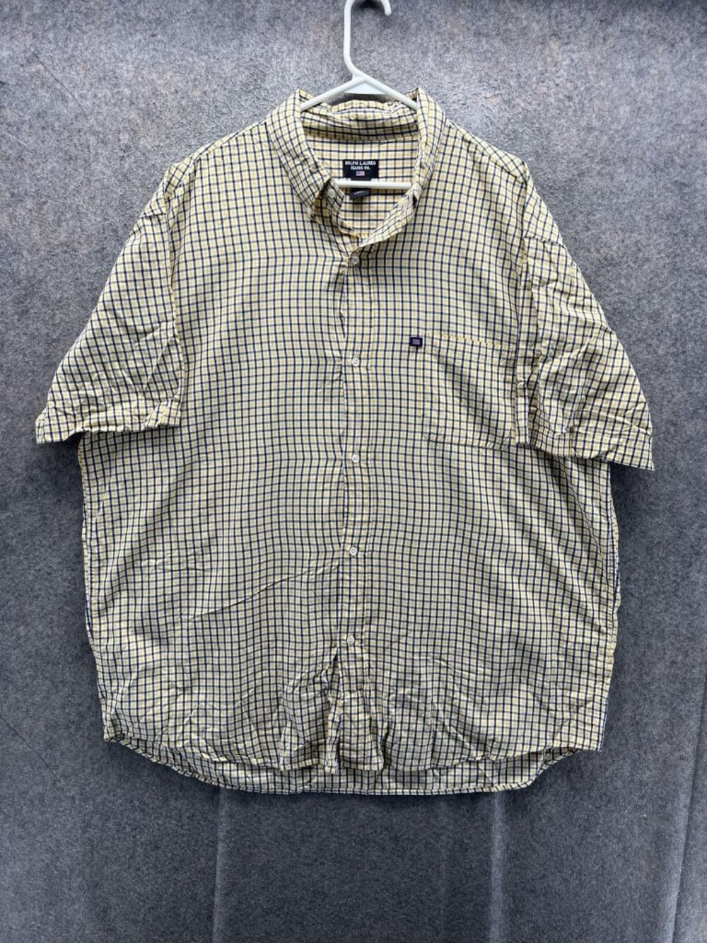Vintage Ralph Lauren Jeans Shirt Men 2XL Yellow Check Short Sleeve Button Down